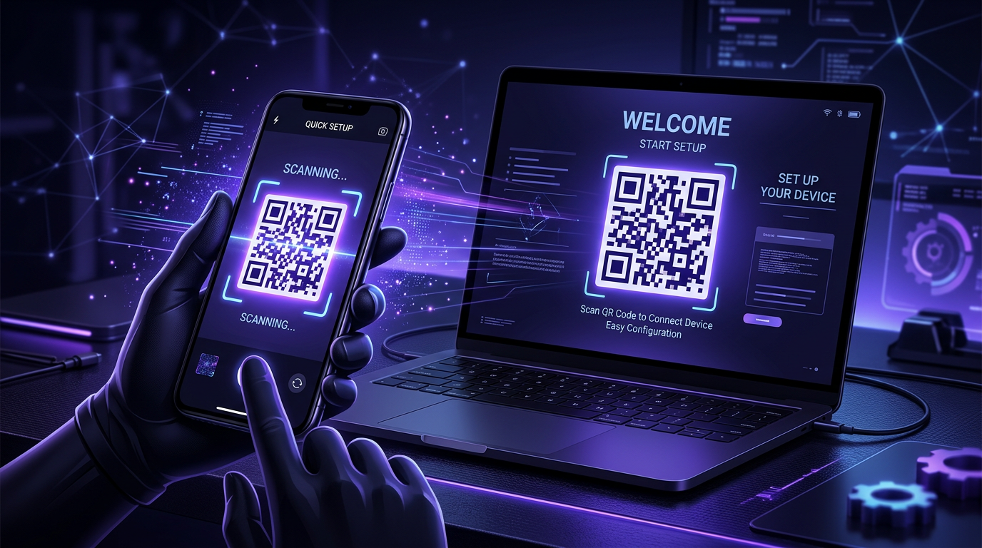 QR на телефоне рядом с ноутбуком — быстрый онбординг.
