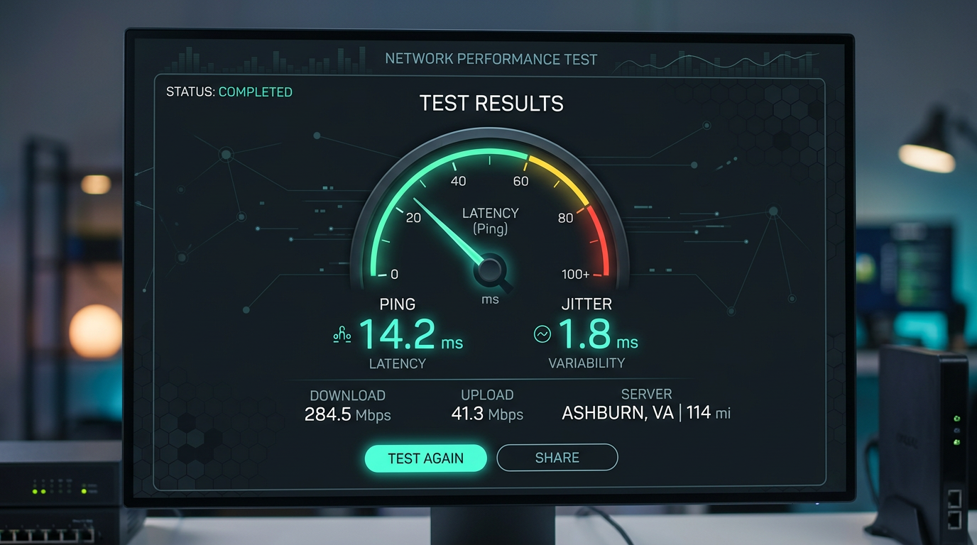 скрин обобщённой панели speedtest с акцентом на ping и jitter, без брендинга оператора.