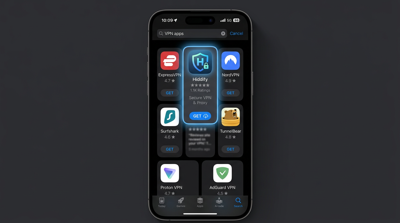 Поиск и установка Hiddify Next в App Store (иллюстрация).