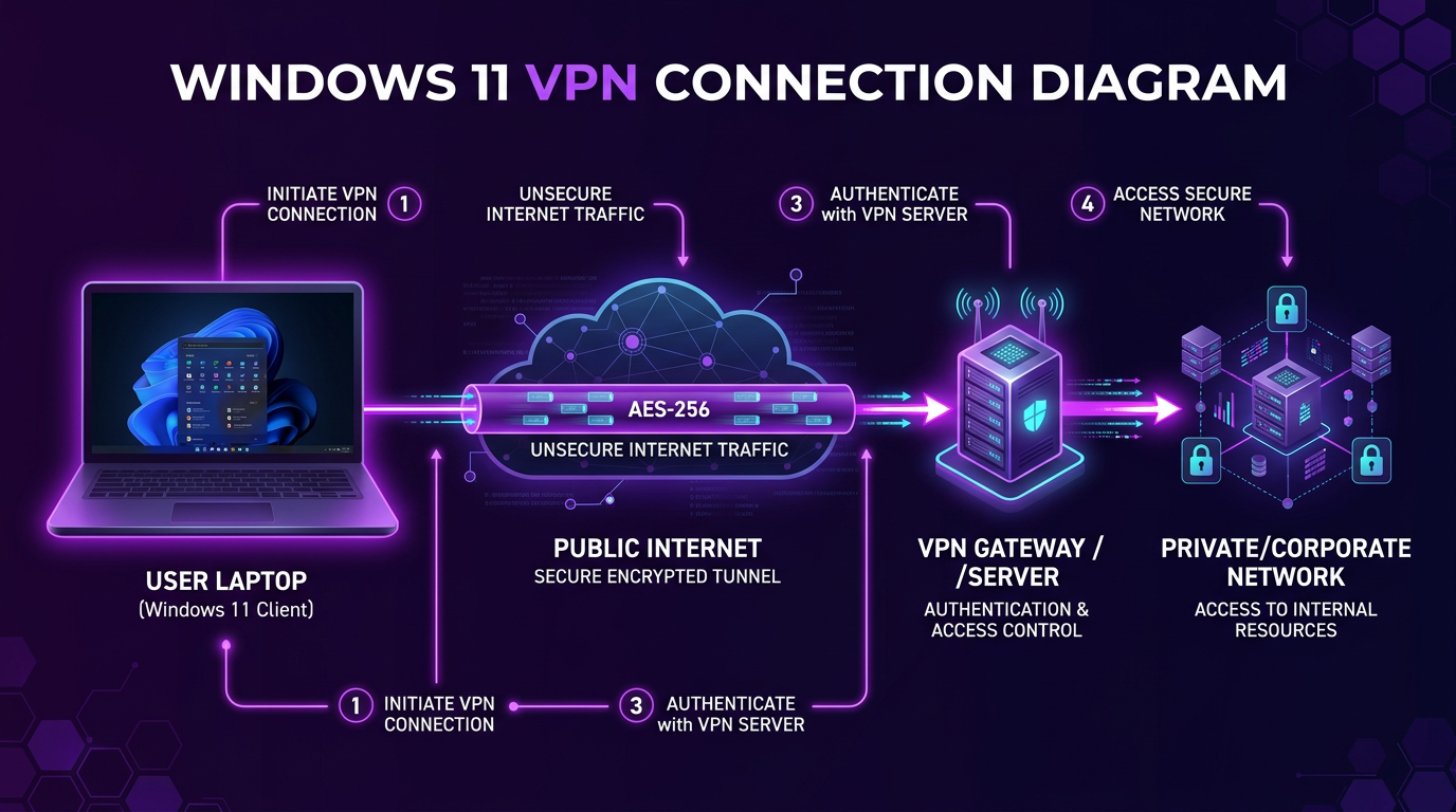диаграмма RushVPN на Windows 11 — стиль RushVPN, нейтральная палитра.